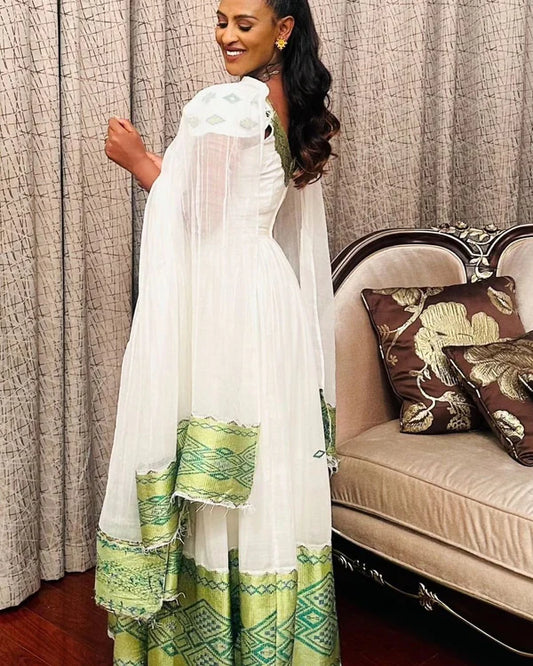 Elegant Green Habesha Dress: Simple, Short-Sleeved Design, Timeless Habesha Style