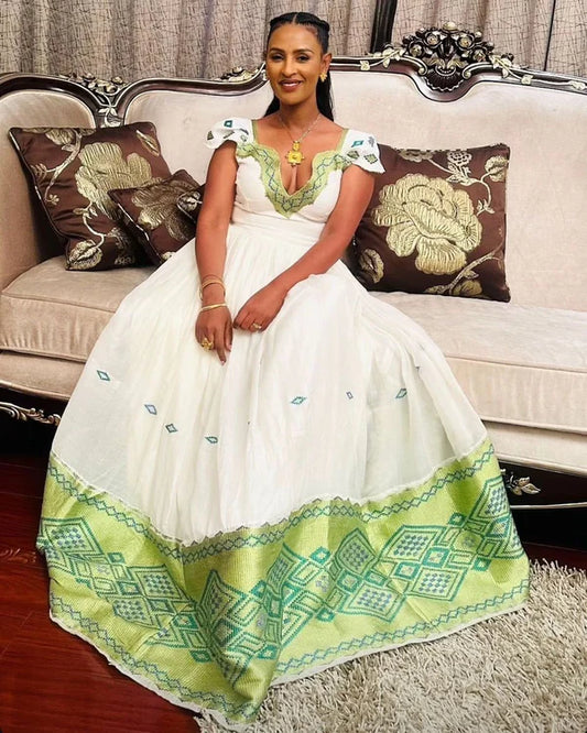 Elegant Green Habesha Dress: Simple, Short-Sleeved Design, Timeless Habesha Style