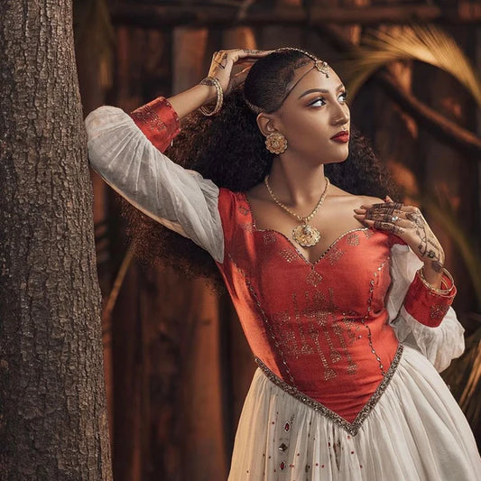 Magnificent Red Habesha Dress: Featuring a Corset Design and Gold Detailing