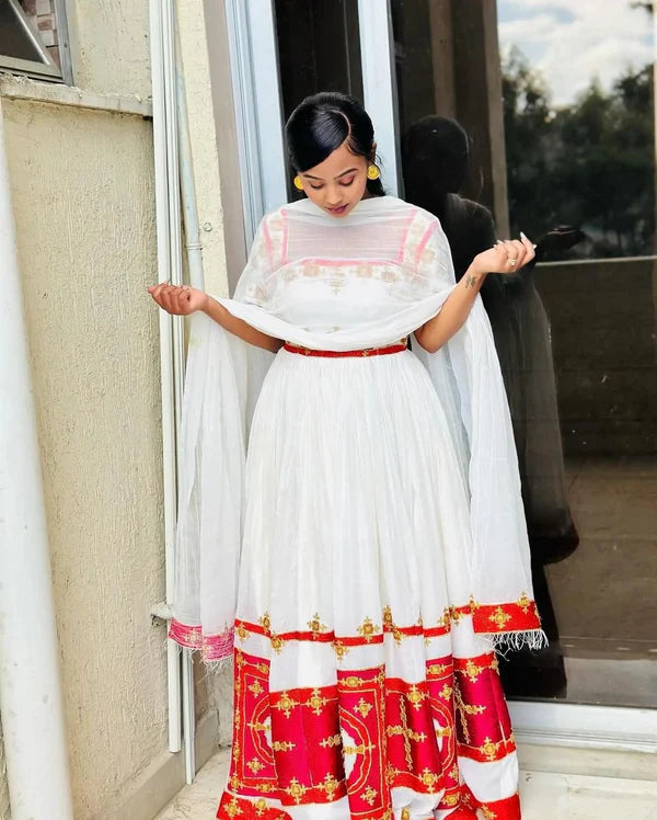 Stunning Red Habesha Dress: Showcasing Cultural Design, Beautiful Habesha Traditional Clothing