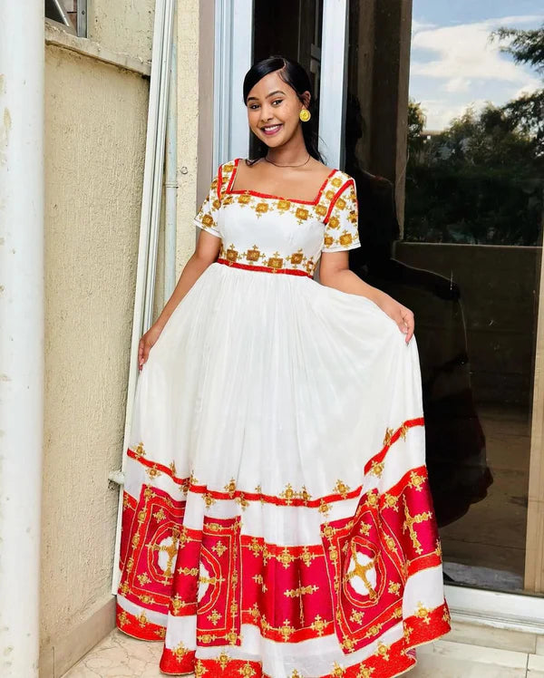 Stunning Red Habesha Dress: Showcasing Cultural Design, Beautiful Habesha Traditional Clothing