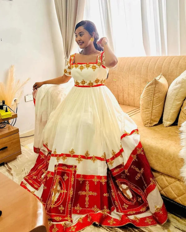 Stunning Red Habesha Dress: Showcasing Cultural Design, Beautiful Habesha Traditional Clothing