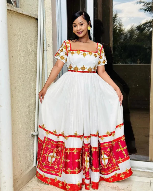 Stunning Red Habesha Dress: Showcasing Cultural Design, Beautiful Habesha Traditional Clothing