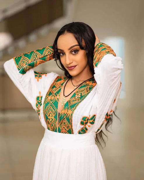 Appealing Green Golden Traditional Ethiopian Dress
