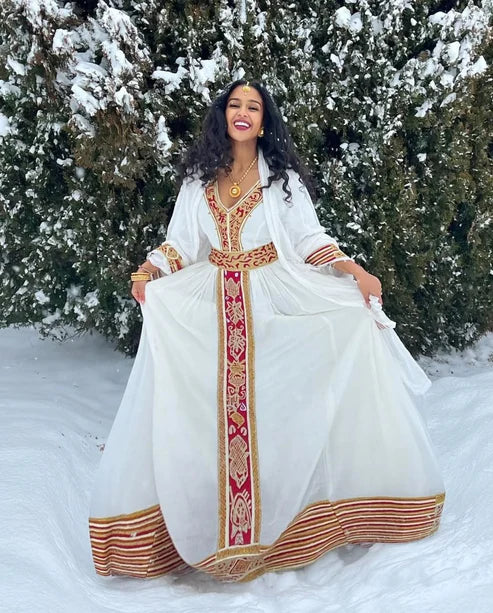 Vibrant Red Traditional Ethiopian Dress: Golden Handmade Ornaments.