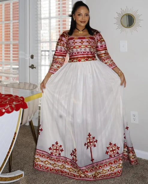 Dashing Red Traditional Ethiopian Top and Skirt Set