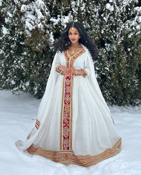 Vibrant Red Traditional Ethiopian Dress: Golden Handmade Ornaments.