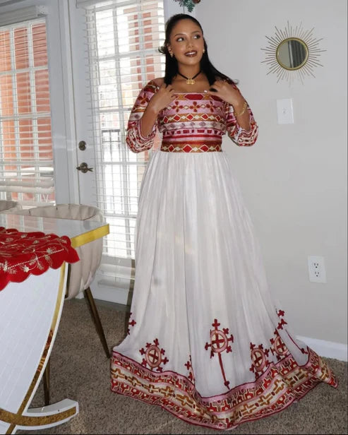 Dashing Red Traditional Ethiopian Top and Skirt Set