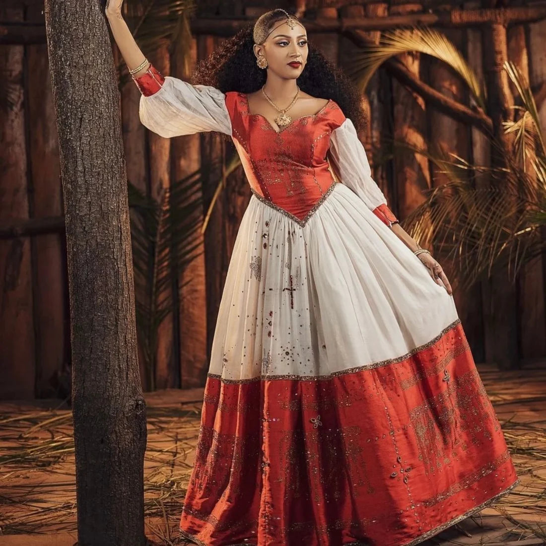 Magnificent Red Habesha Dress: Featuring a Corset Design and Gold Detailing