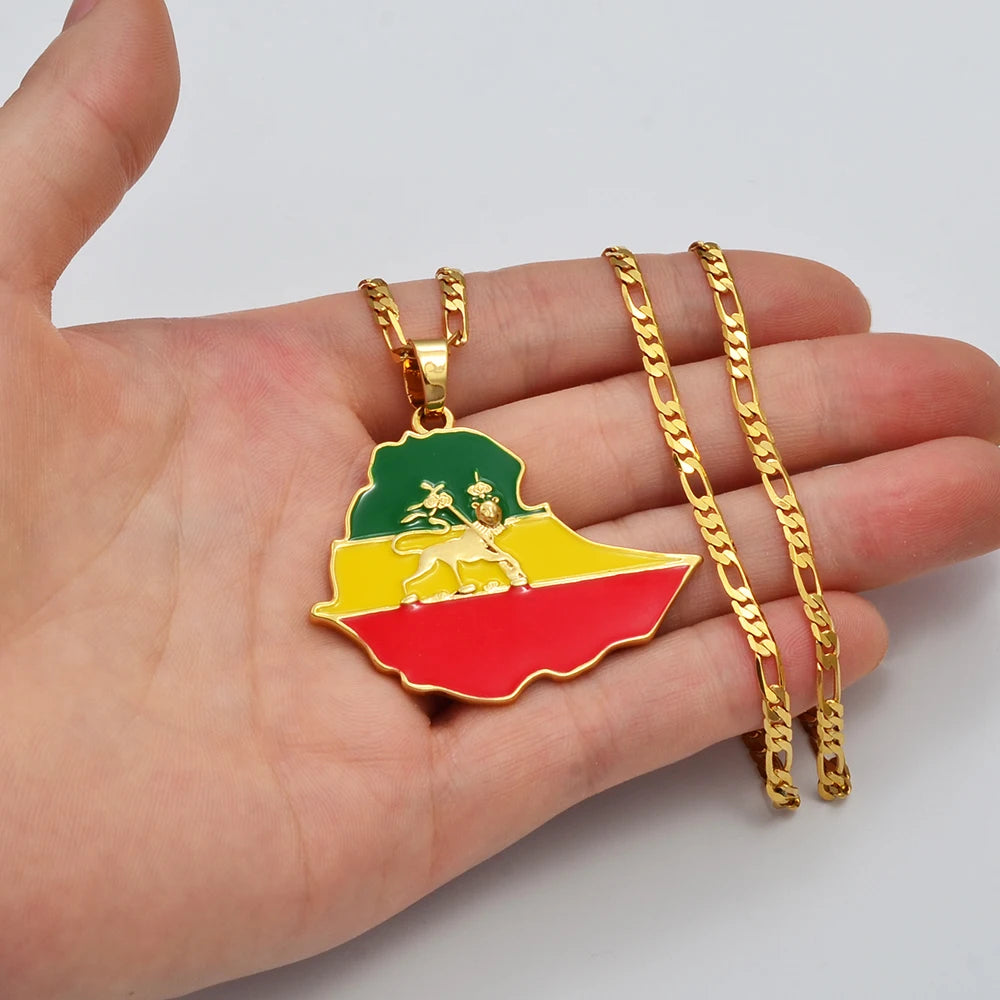 Anniyo Ethiopian Map Flag Pendant Necklace for Women Men Gold Color Ethiopia Jewelry Map Chains #008606