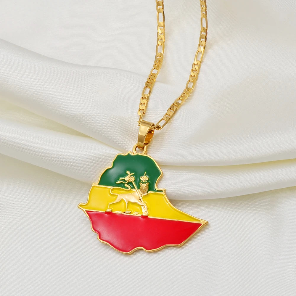 Anniyo Ethiopian Map Flag Pendant Necklace for Women Men Gold Color Ethiopia Jewelry Map Chains #008606