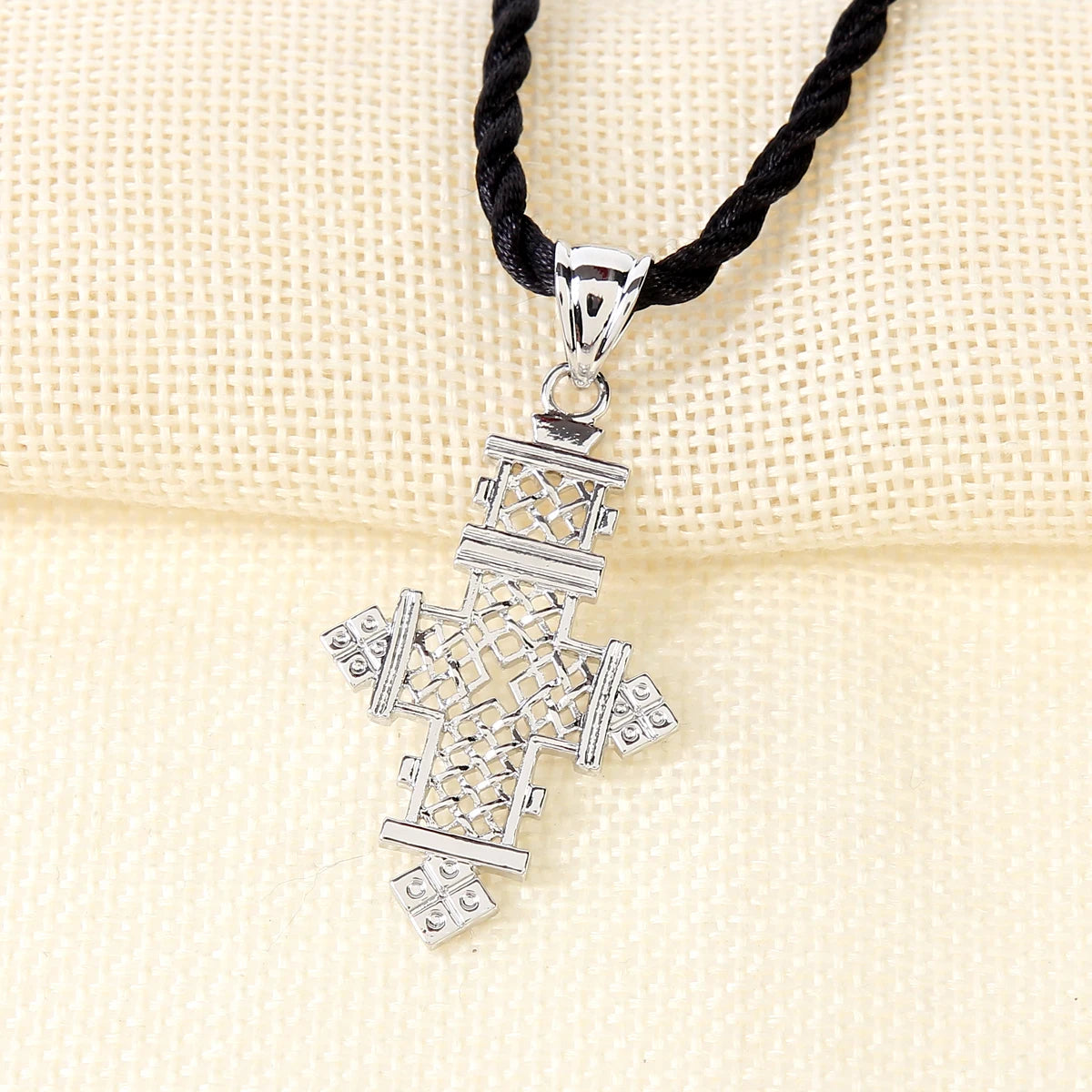 Ethiopian Hollow Cross Pendant Necklace Women Men Rope Silve Gold Color African Chain Jewelry