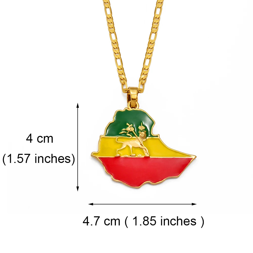 Anniyo Ethiopian Map Flag Pendant Necklace for Women Men Gold Color Ethiopia Jewelry Map Chains #008606