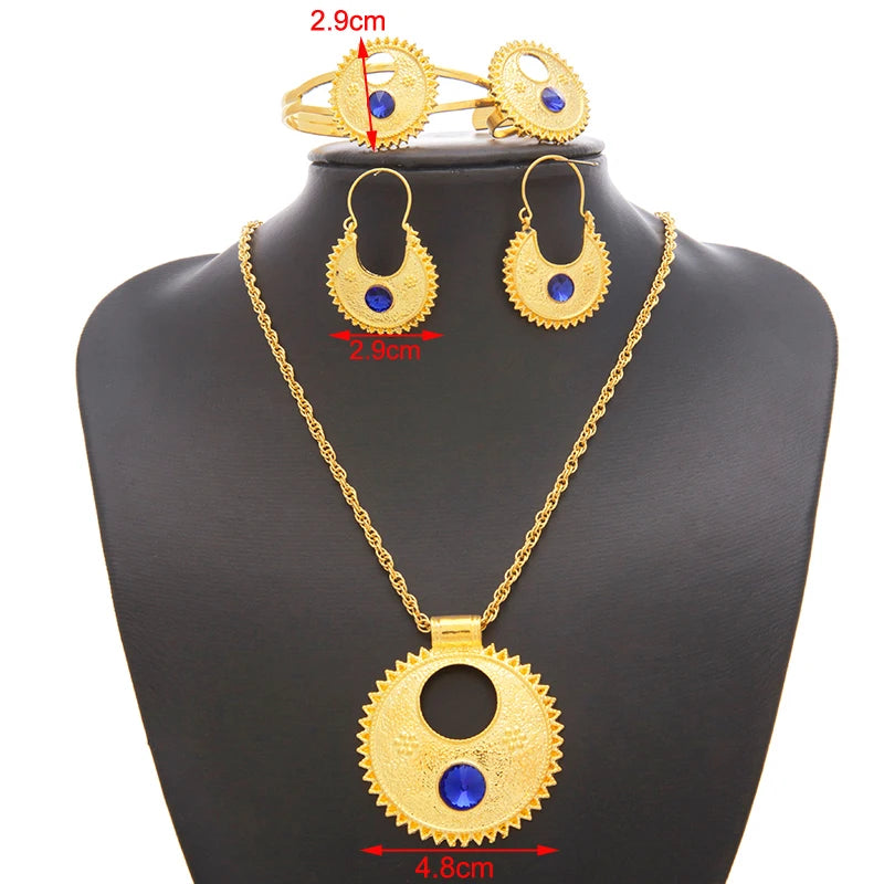 Ethlyn Jewelry Ethiopian and Eritrean sets Necklace Bangle Earrings & Free Size Ring Jewelry sets Gold Color Eritrean Best Holiday Gifts S196