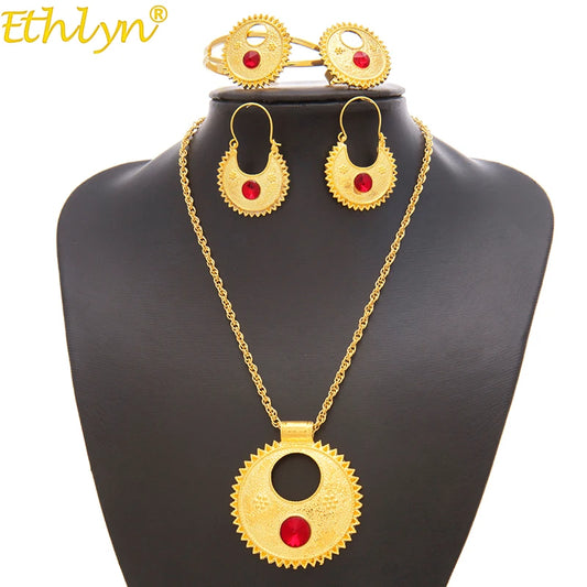 Ethlyn Jewelry Ethiopian and Eritrean sets Necklace Bangle Earrings & Free Size Ring Jewelry sets Gold Color Eritrean Best Holiday Gifts S196