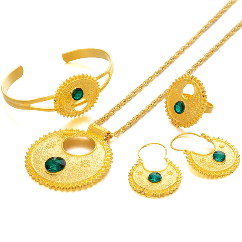 Ethlyn Jewelry Ethiopian and Eritrean sets Necklace Bangle Earrings & Free Size Ring Jewelry sets Gold Color Eritrean Best Holiday Gifts S196