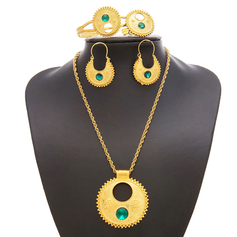 Ethlyn Jewelry Ethiopian and Eritrean sets Necklace Bangle Earrings & Free Size Ring Jewelry sets Gold Color Eritrean Best Holiday Gifts S196