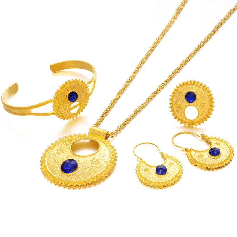 Ethlyn Jewelry Ethiopian and Eritrean sets Necklace Bangle Earrings & Free Size Ring Jewelry sets Gold Color Eritrean Best Holiday Gifts S196