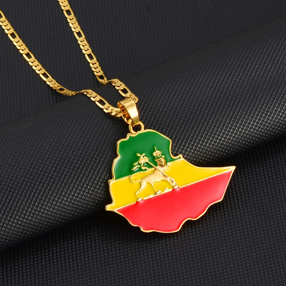 Anniyo Ethiopian Map Flag Pendant Necklace for Women Men Gold Color Ethiopia Jewelry Map Chains #008606