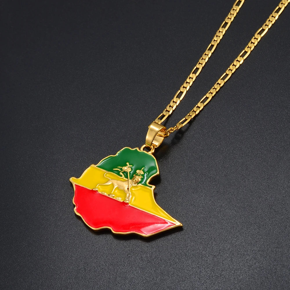 Anniyo Ethiopian Map Flag Pendant Necklace for Women Men Gold Color Ethiopia Jewelry Map Chains #008606