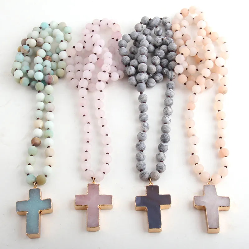 RH Fashion Bohemian Tribal Jewelry 8mm Natural Stones Knotted Stone Cross Pendant Necklaces Women Ethnic Necklace