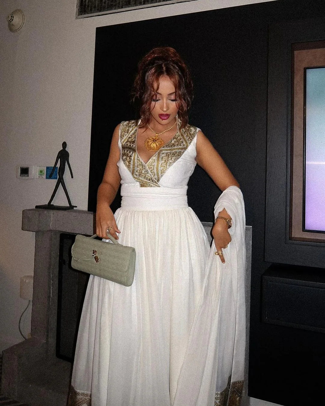 Breathtaking Silver-Toned Habesha Dress Artisan Crafted Wide Hem Habesha Kemis