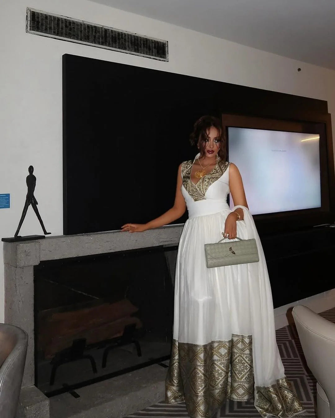 Breathtaking Silver-Toned Habesha Dress Artisan Crafted Wide Hem Habesha Kemis