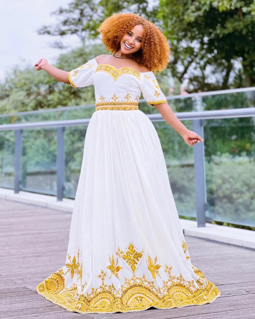 Contemporary Golden Habesha Traditional Attire: Off-Shoulder Stylish Habesha Dress