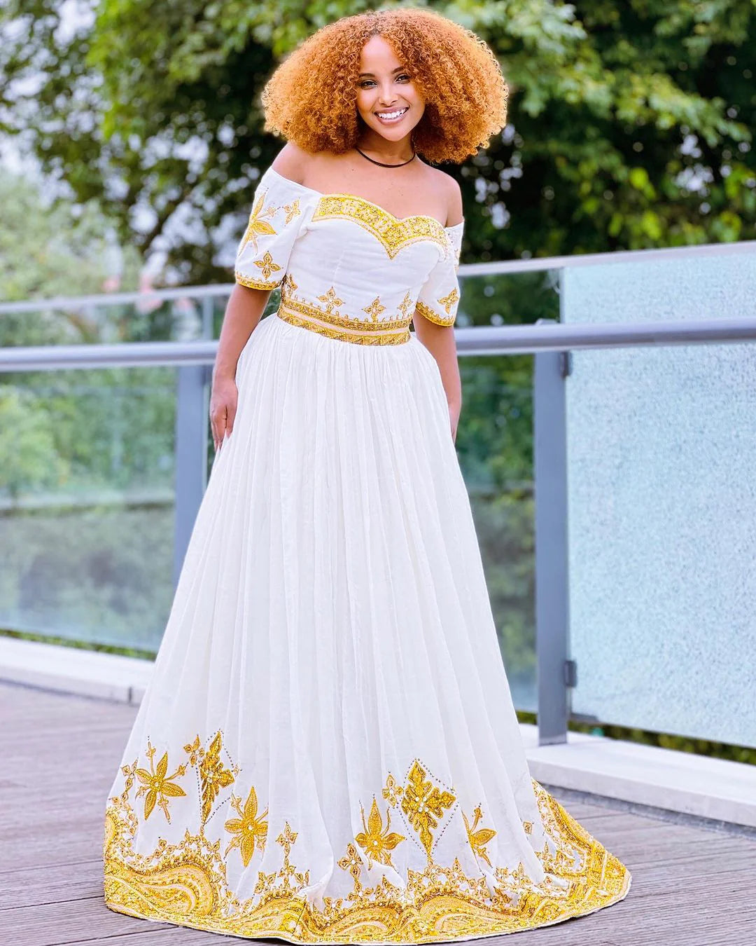 Contemporary Golden Habesha Traditional Attire: Off-Shoulder Stylish Habesha Dress