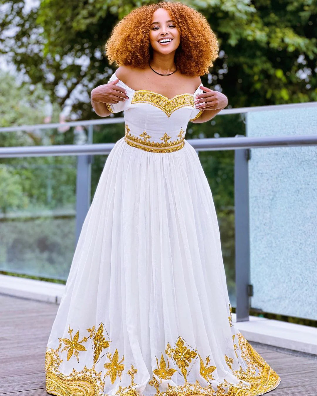 Contemporary Golden Habesha Traditional Attire: Off-Shoulder Stylish Habesha Dress