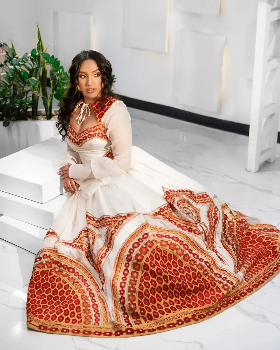 Elegant Red Traditional Habesha Attire Heart-Shaped Neck Corset Habesha Dress