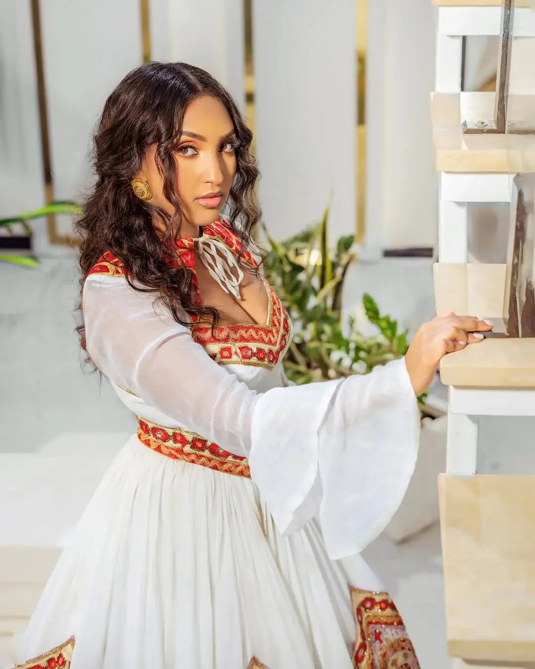 Elegant Red Traditional Habesha Attire Heart-Shaped Neck Corset Habesha Dress