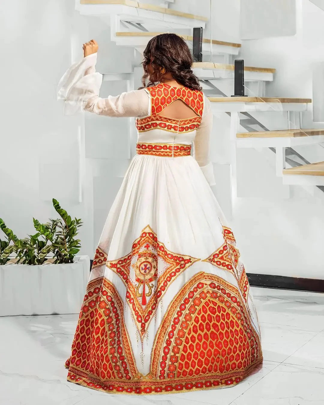 Elegant Red Traditional Habesha Attire Heart-Shaped Neck Corset Habesha Dress