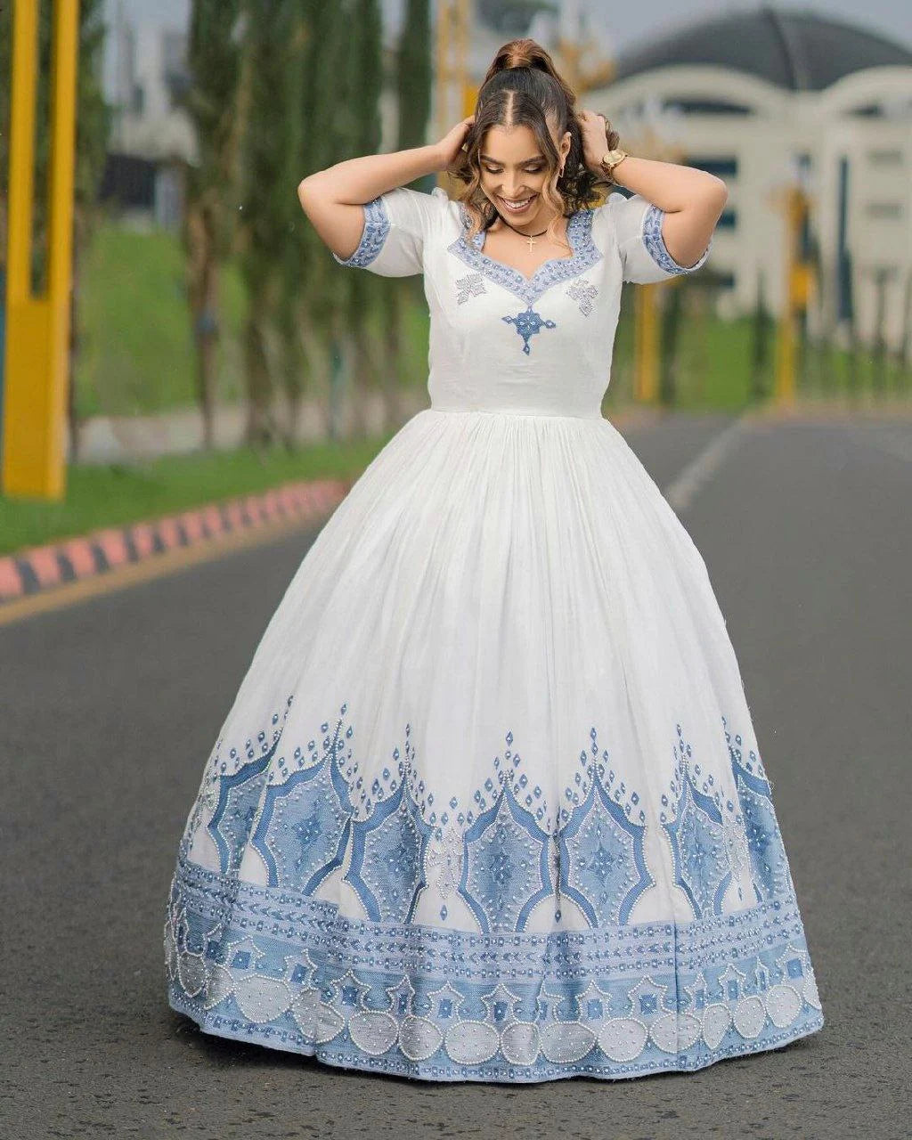 Azure Beaded Habesha Bridal Gown Sparkle and Glow in Our Radiant Habesha Wedding Attire