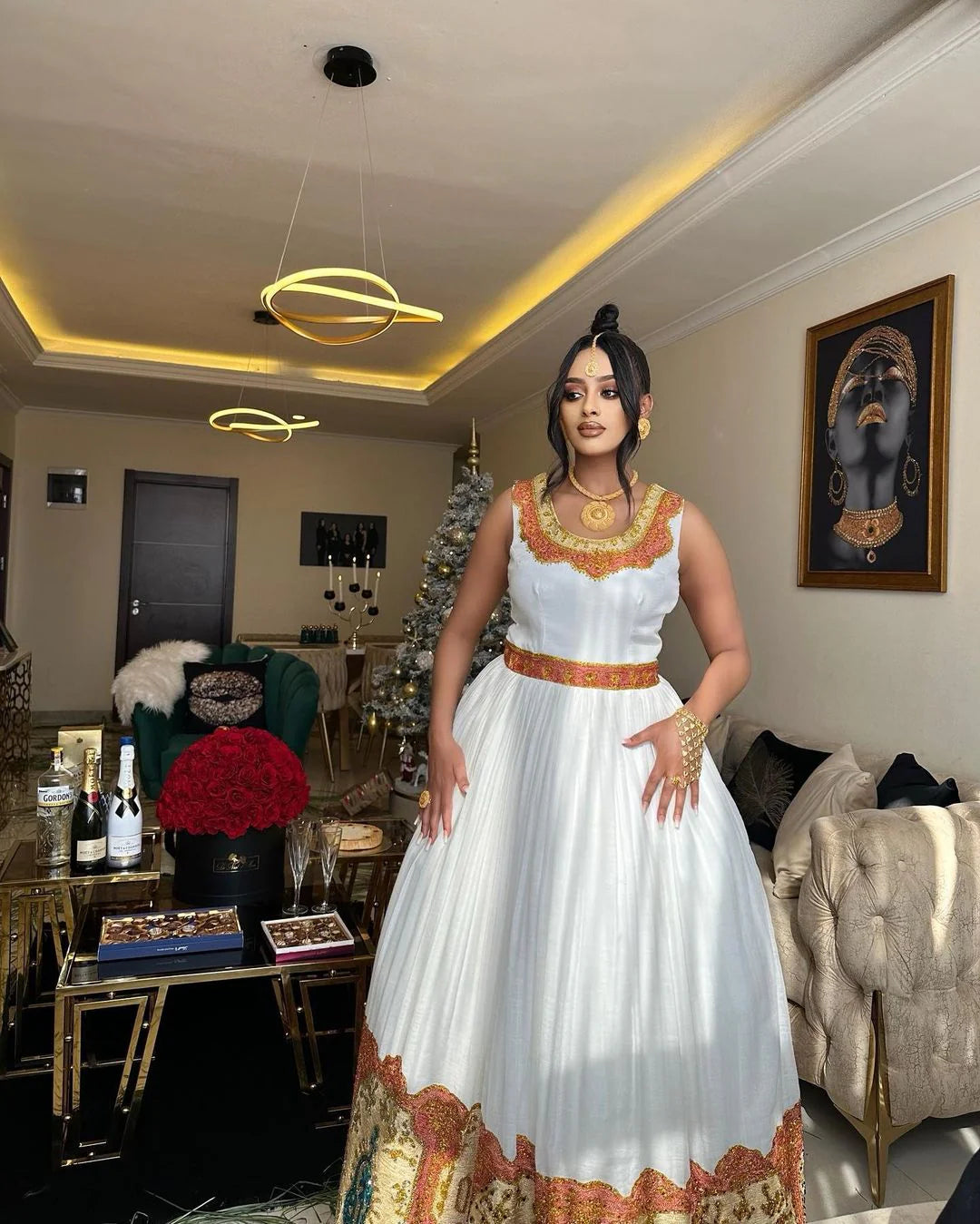 Glamorous Elegance Shimmering Brown and Golden Wedding Wide Pattern Habesha Kemis