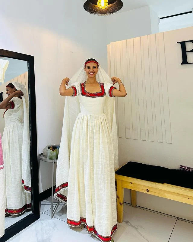Simple Red Habesha Kemis, Traditional Habesha Dress