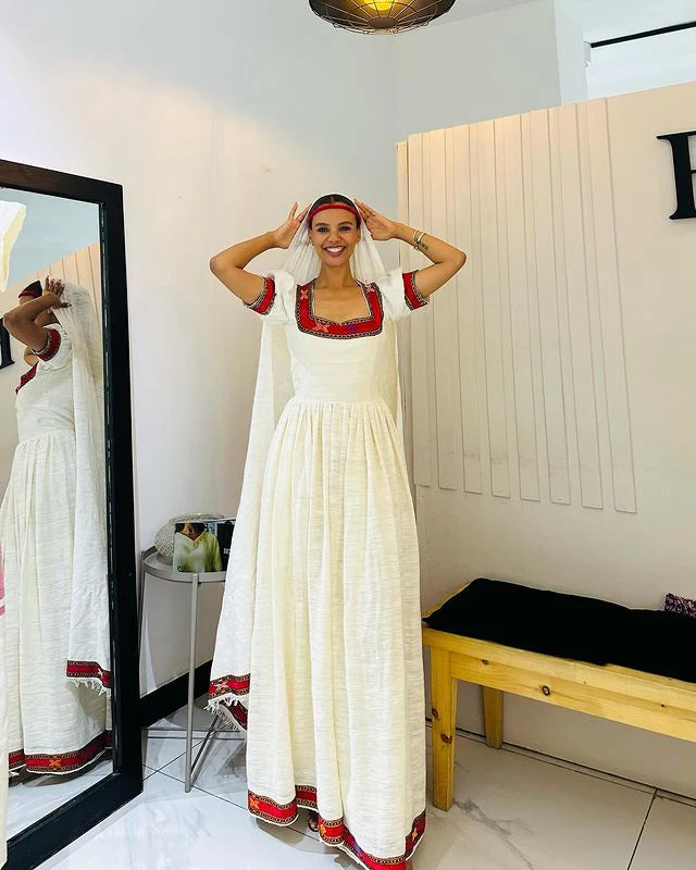 Simple Red Habesha Kemis, Traditional Habesha Dress