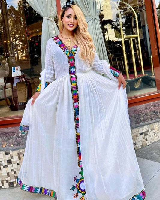 Habesha Elegance: Contemporary Menen Fabric Habesha Dress