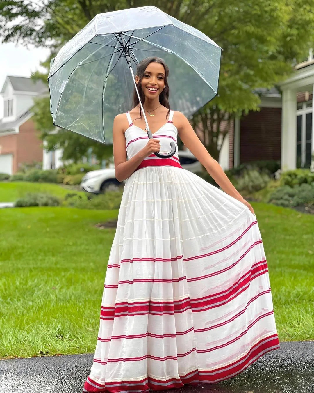 Summer Elegance White Dress with Pink Stripes Habesha Libs