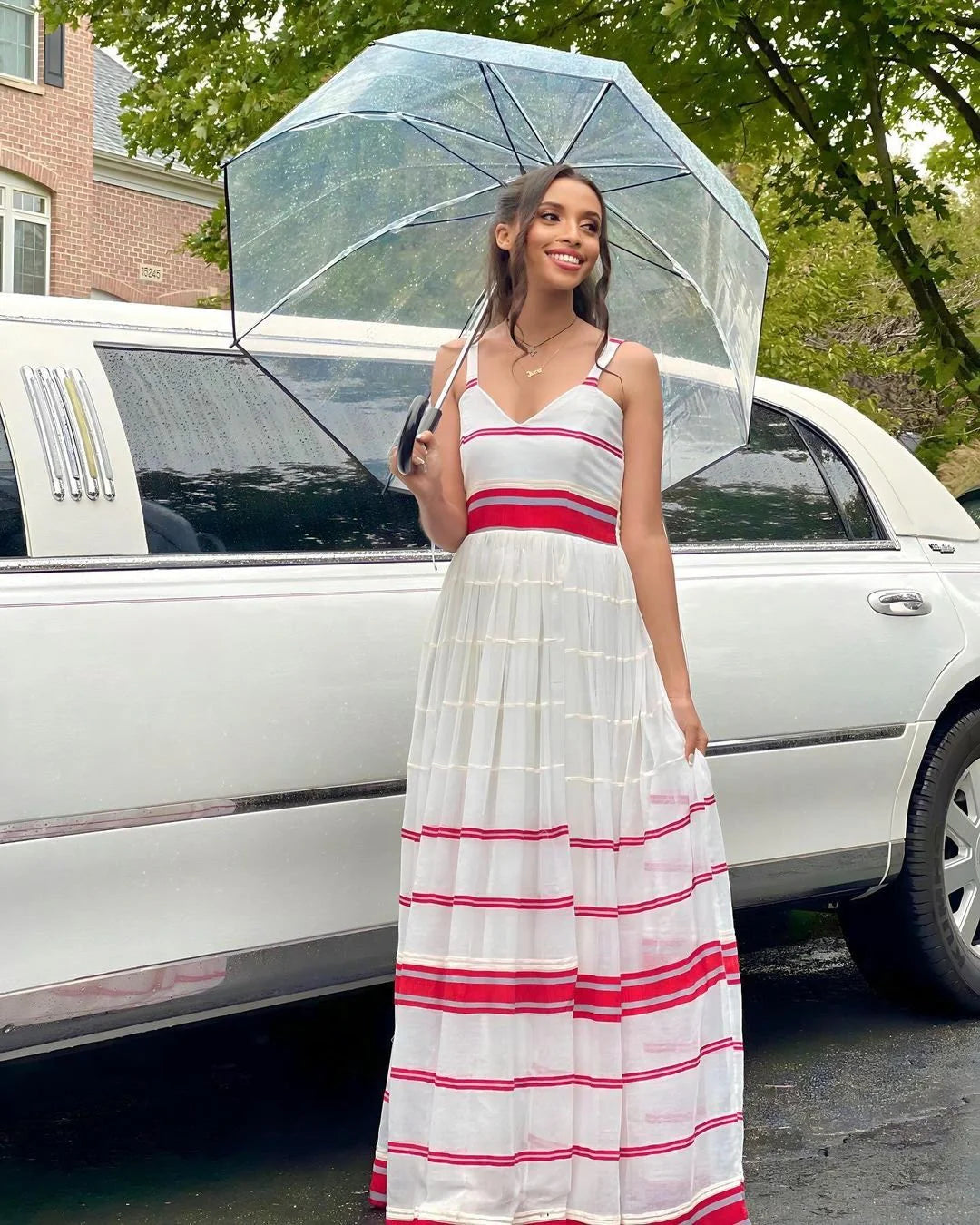 Summer Elegance White Dress with Pink Stripes Habesha Libs