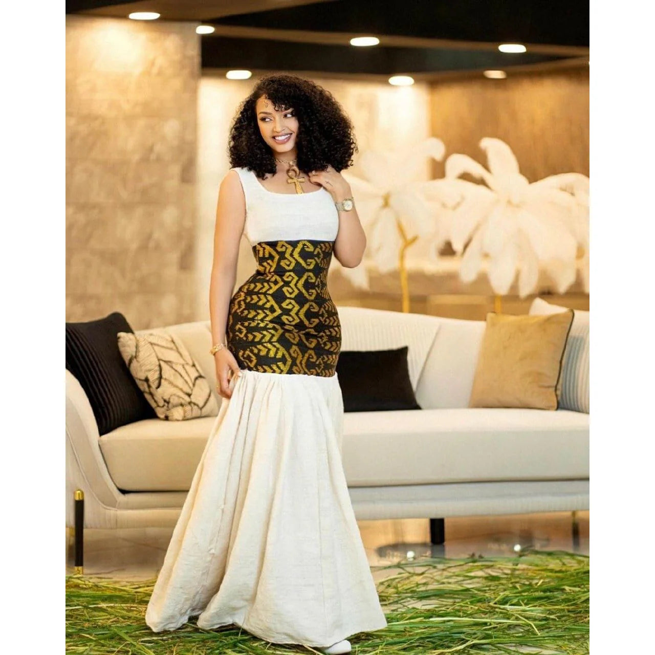 Elegant shimena and gabi Habesha dress with intricate Tilf design at the waist