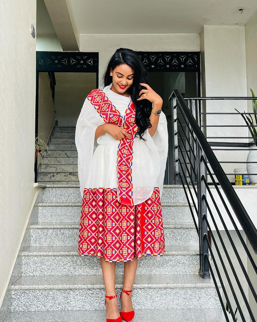 Short Crimson Minimalist Habesha Gown, Habesha Attire, Classic Habesha Style