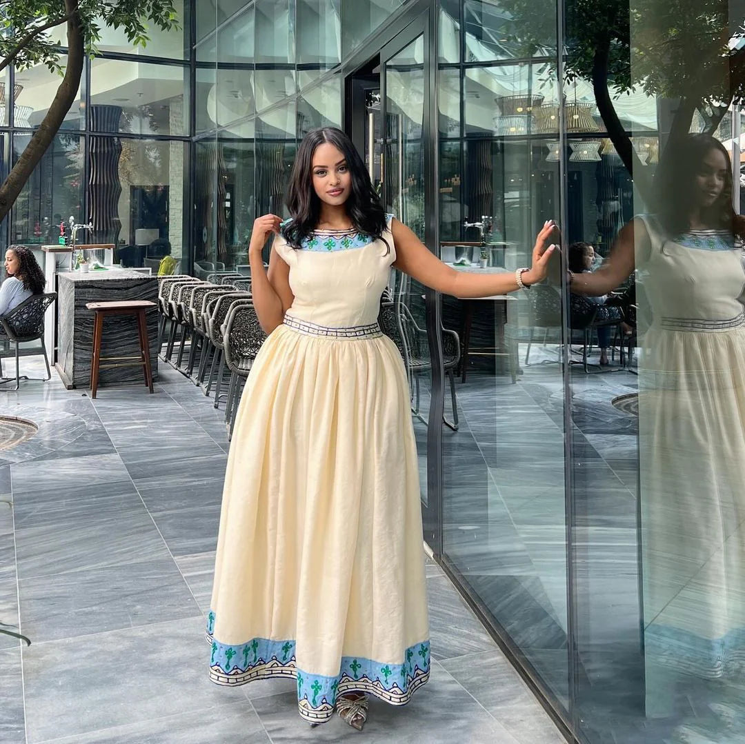 Contemporary Habesha Traditional Gown with Azure Patterns – Graceful Habesha Attire