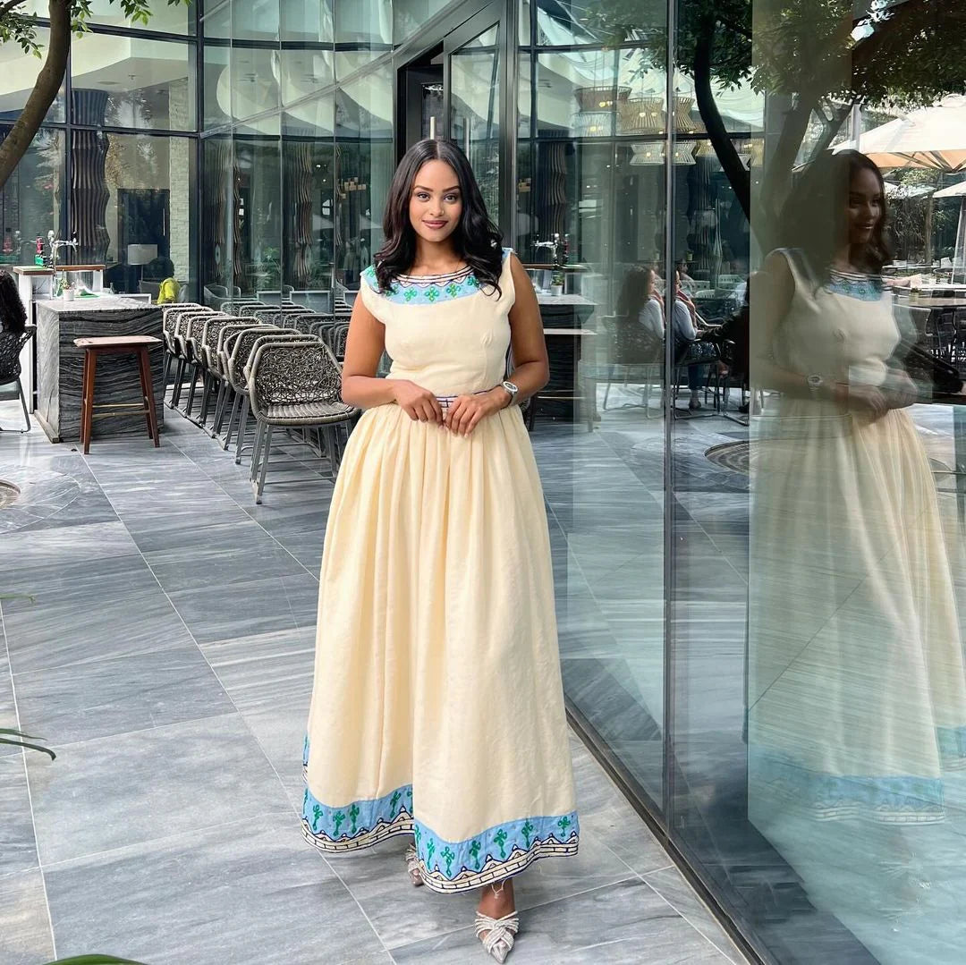 Contemporary Habesha Traditional Gown with Azure Patterns – Graceful Habesha Attire