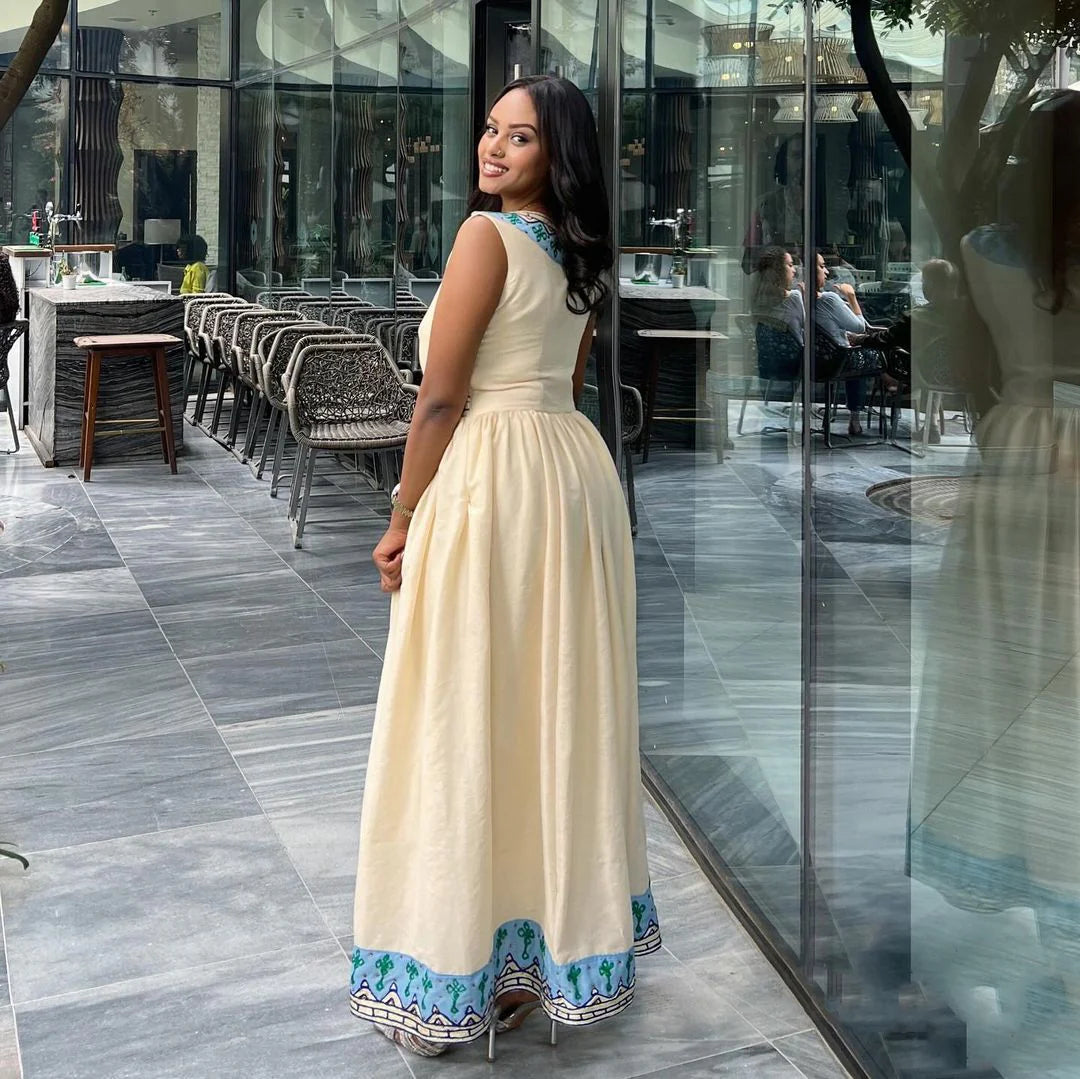 Contemporary Habesha Traditional Gown with Azure Patterns – Graceful Habesha Attire
