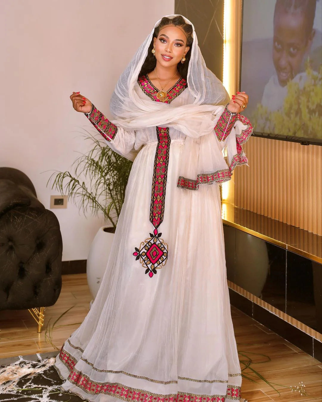 Vibrant Elegance Stunning Pink Habesha Dress in Menen Fabric and Cotton Luxury