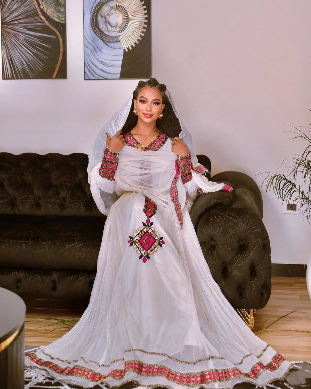 Vibrant Elegance Stunning Pink Habesha Dress in Menen Fabric and Cotton Luxury