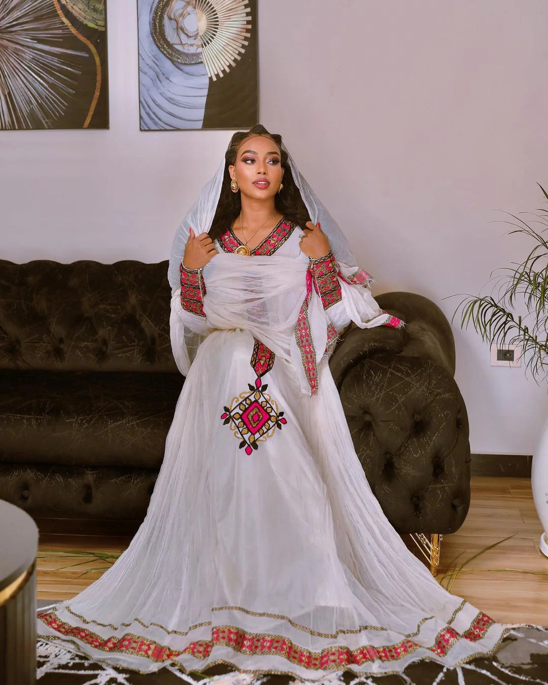 Vibrant Elegance Stunning Pink Habesha Dress in Menen Fabric and Cotton Luxury