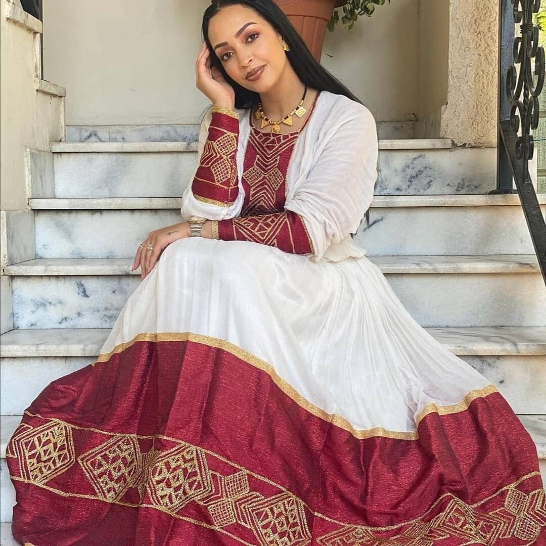 Vibrant Shimena Dress with Tilf Embroidery, Habesha attire, and traditional Habesha Kemis