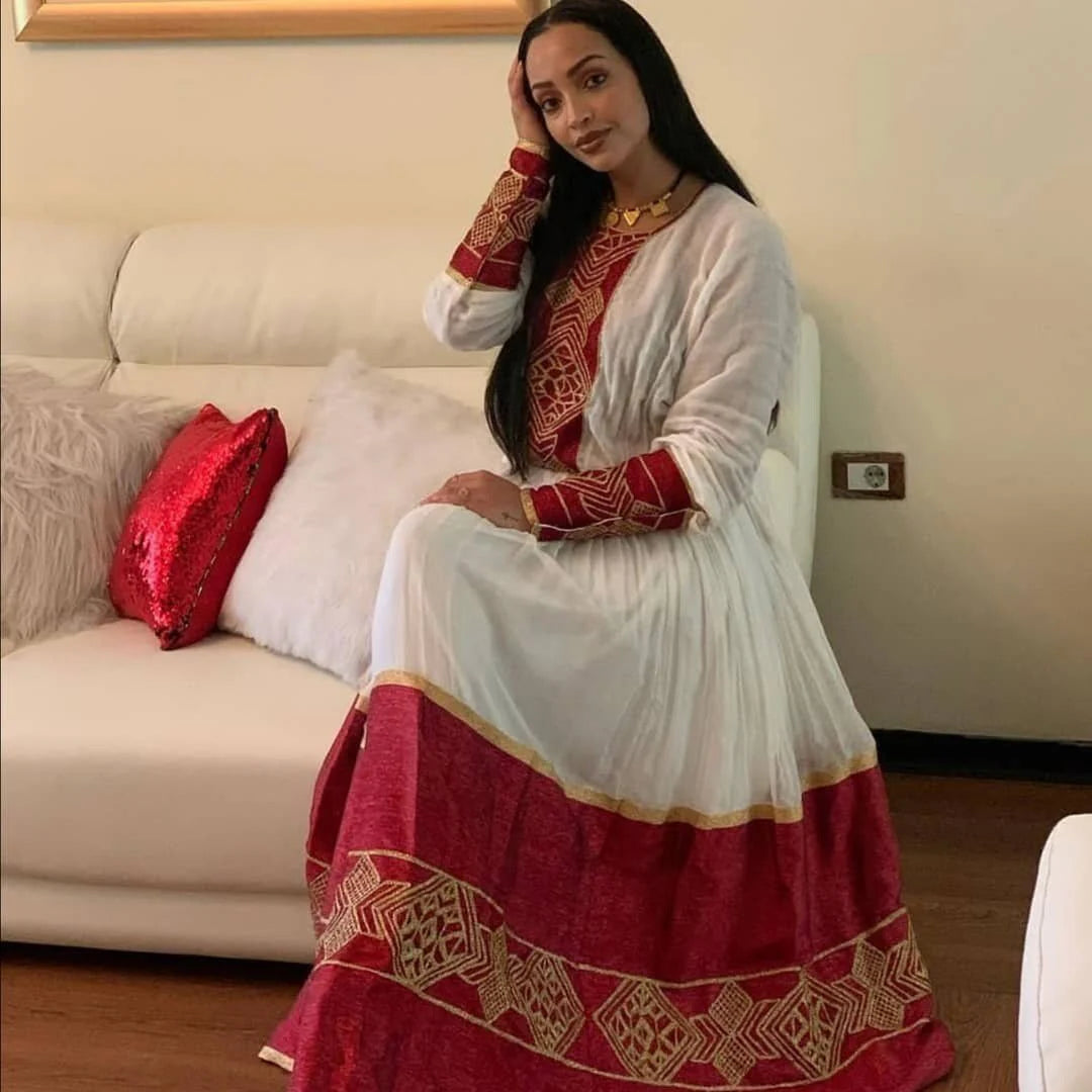 Vibrant Shimena Dress with Tilf Embroidery, Habesha attire, and traditional Habesha Kemis